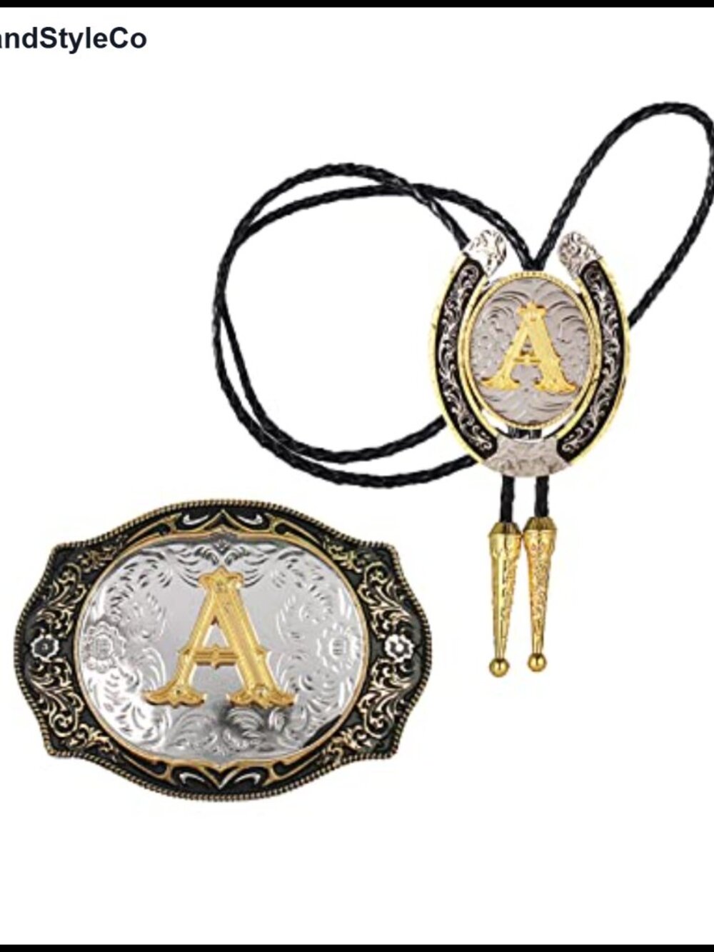 2pc Western Bolo Tie & Belt Buckle Set Gold Finish Alloy Men's Costume